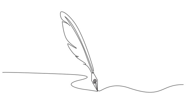 Self drawing line animation Retro inkwell and feather continuous one single line drawn concept,Inkwell and pen continuous line drawing. One line feather
