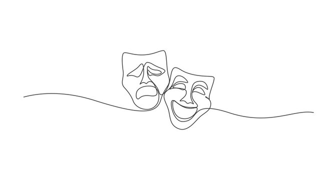 Animation of continuous one line drawing of two theater masks,theatrical masks continuous one line drawing animation,Self drawing line animation Comedy and tragedy line theater masks feelings 