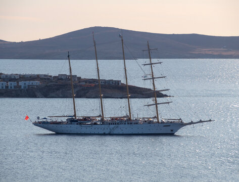 Sailing ship in the port of Mykonos island in Greece in the Aegean Sea