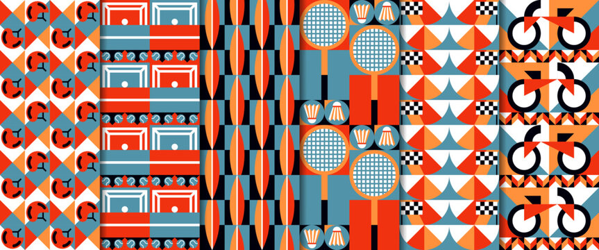 Modern geometric sports seamless patterns set with tennis racket, shuttlecock, bicycle, helmet, court track and checkered race flag. Abstract vector backgrounds retro repeating tile texture or grid