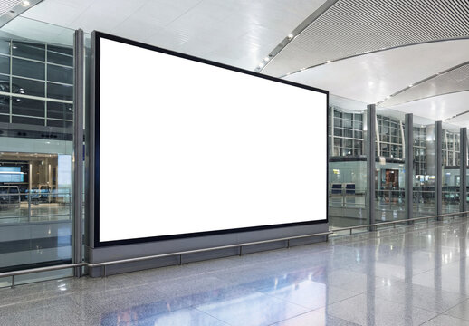 Large horizontal billboard in clean airport Mockup. Generative ai