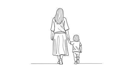 Obraz premium Mother and Child Walking Together, Simple Line Art Illustration, Family Bonding