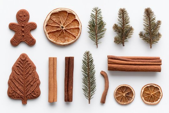 Christmas festive gingerbread cookies and spices arranged overhead view