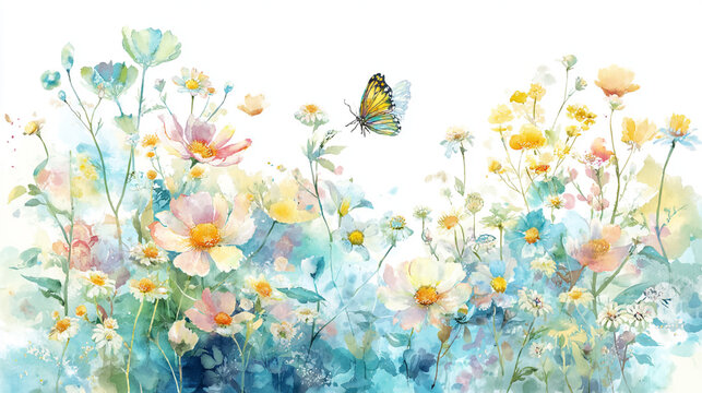 watercolor botanical butterfly and flowers texture template background. Design for wedding, vip cover, poster, rsvp moderncard.Valentine's Day	