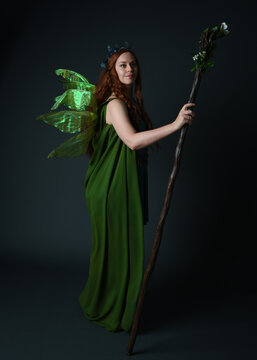 Full length portrait of female model wearing fantasy fairy costume, green dress, cloak, butterfly wings and crown. Full length walking pose holding druid staff.  isolated on dark studio background.