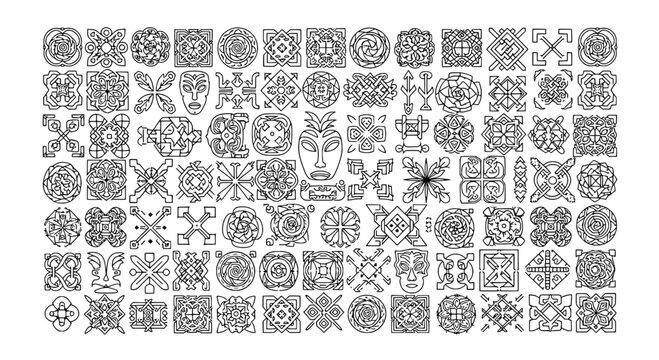 Emblems ornamental icon pattern with floral, geometric and abstract symbols for branding, stickers and vintage design