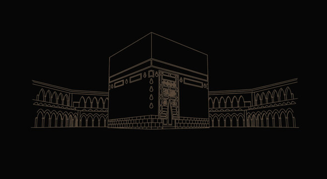Kaaba, Mecca - Minimalist Line Art Illustration on Black Background