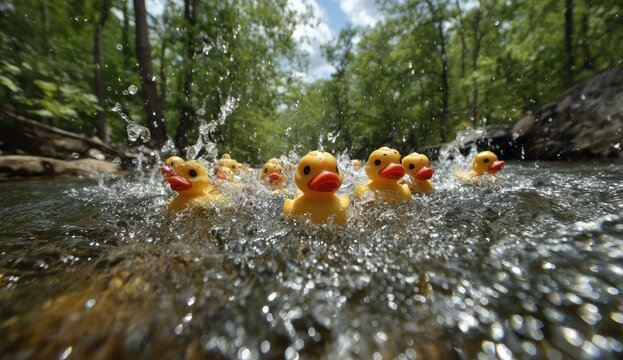 Many rubber duckies swimming and splashing in a shallow forest stream