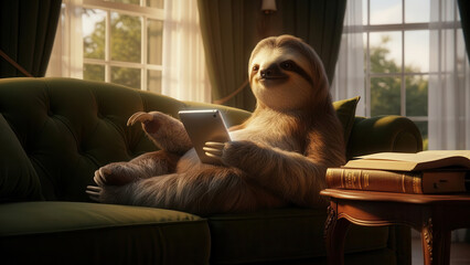 Fototapeta premium Relaxed sloth creature resting on a green sofa while using a tablet in a cozy living room. Concept of modern comfort and leisure