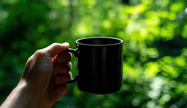 Hand holds black mug against blurred green forest background