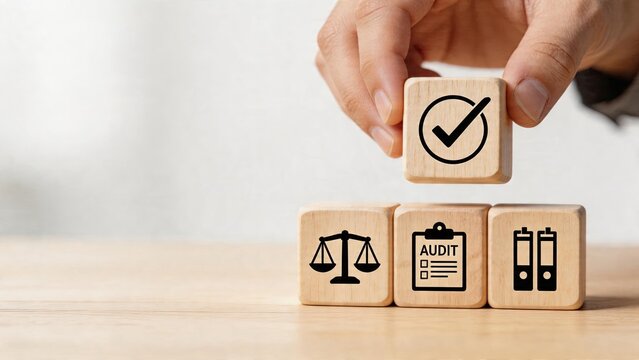 Business man placing wooden block with check mark over audit clipboard law scale file folders symbols concept of compliance verification quality control assessment accounting