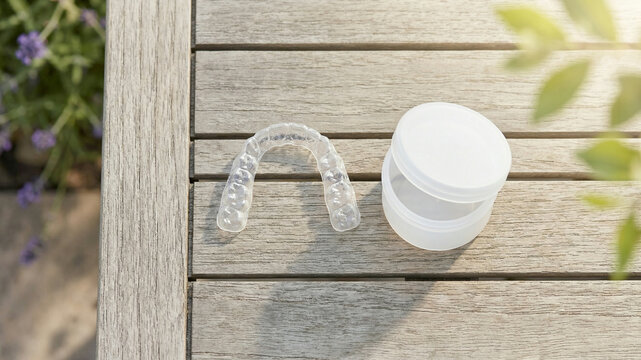 Clear Dental Aligner and Retainer Case on Outdoor Wooden Table Surface