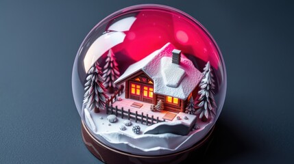 Fototapeta premium Snow globe depicts cozy cabin scene. Warm light emanates from windows, surrounded by winter landscape. Festive, peaceful imagery.
