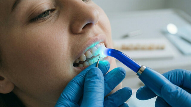 Dentist Using UV Curing Light for Tooth Filling and Dental Bonding Treatment
