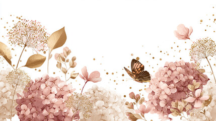 watercolor botanical butterfly and flowers texture template background. Design for wedding, vip cover, poster, rsvp moderncard.Valentine's Day 