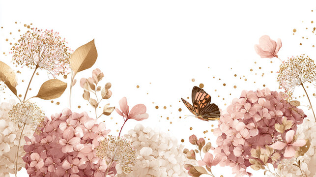 watercolor botanical butterfly and flowers texture template background. Design for wedding, vip cover, poster, rsvp moderncard.Valentine's Day	