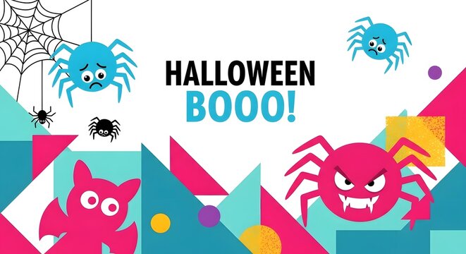 Colorful halloween booo greeting card design with cartoon spiders, a bat, and geometric shapes isolated on white background