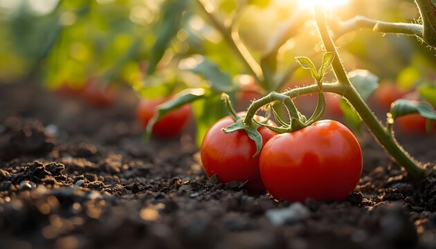 omatoes on the soil. Organic farming red vegetable. Garden growing