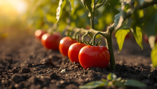 Tomatoes on the soil. Organic farming red vegetable. Garden growing tomato