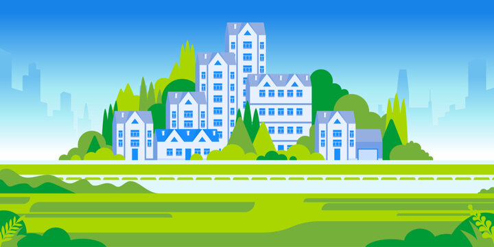 Modern city district panorama with apartment buildings, houses and green park landscape. Flat style illustration urban development, residential architecture and peaceful city life.