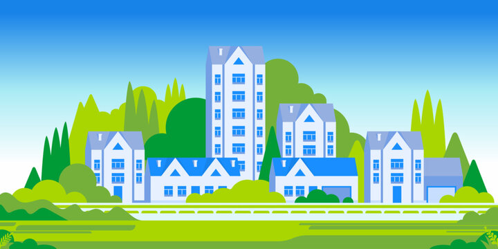 Peaceful town panorama with modern residential buildings, houses and green hills. Flat style urban landscape illustration small city skyline, community life and suburban environment.