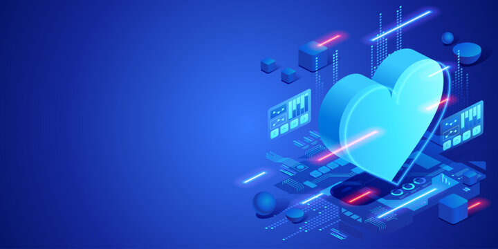 Digital expression and emotional feedback concept with heart symbol in futuristic technology environment. Neon isometric illustration user reaction, social interaction and communication.