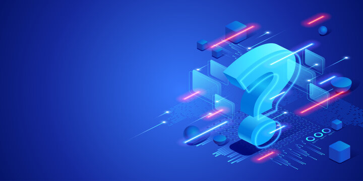 Problem solving and business search concept with question mark in digital data environment. Futuristic neon isometric illustration analysis, research, decision making and innovation.