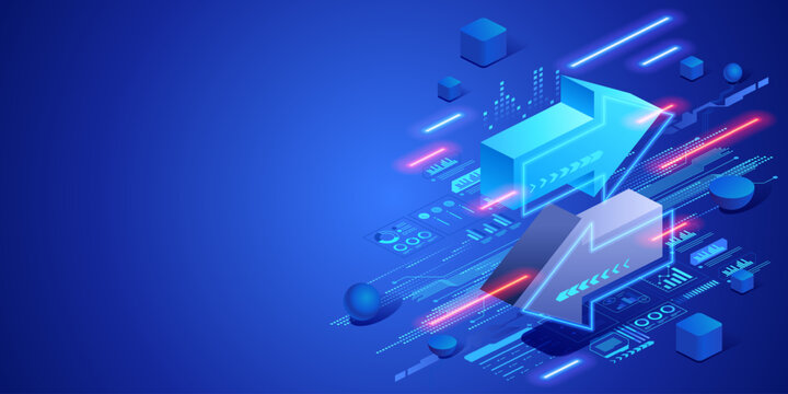 Business direction and decision concept with arrows representing choice and strategic planning. Futuristic isometric neon illustration navigation, management thinking and technology solutions.