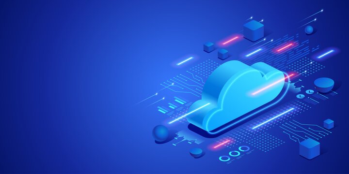 Cloud storage and data management concept with digital cloud interface. Futuristic neon isometric illustration online technology, network infrastructure and modern information storage.