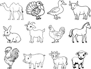 Obraz premium Hand drawn farm animals set in clean outline style. Cute domestic animals including cow, horse, pig, goat, rabbit, chicken, duck, turkey and sheep isolated on white background.
