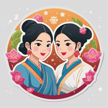 Two Asian Women in Traditional Attire with Flowers