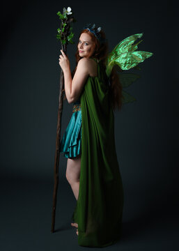 Full length portrait of female model wearing fantasy fairy costume, green dress, cloak, butterfly wings and crown. Full length walking pose holding druid staff.  isolated on dark studio background.