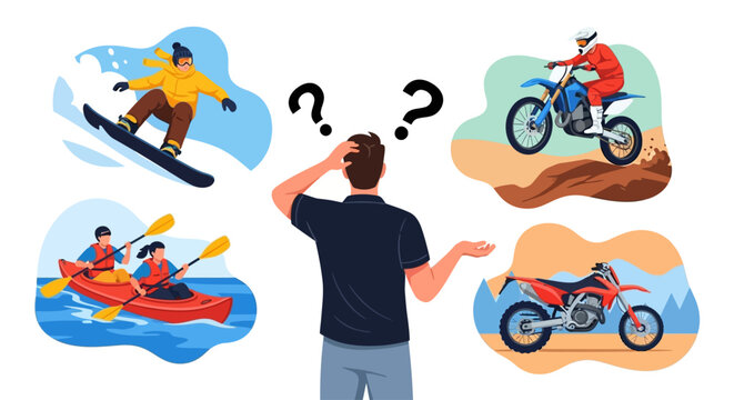 Man choosing adventure sports, icons of snowboarding, kayaking, and dirt biking