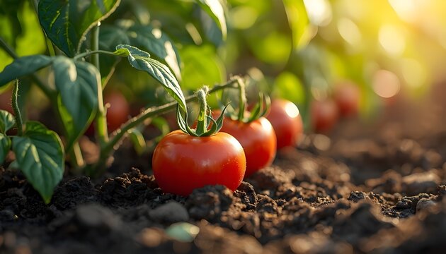 Tomatoes on the soil. Organic farming red vegetable
