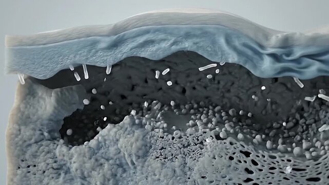 Collagen breakdown in skin porous dermal layers, fragmented fiber network under epidermis, connective tissue degradation and microscopic structural change demonstrating texture loss