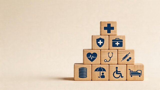 Wooden block pyramid healthcare concept medical insurance symbol stack health care services hospital building