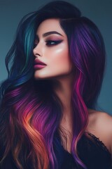 Fototapeta premium Brazilian hair model demonstrating professional color gradient technique with rainbow hues on dark base in studio setting, artistic color display and technical styling showcase