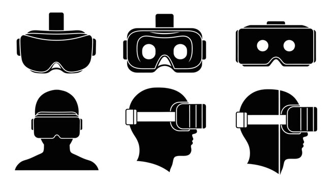 Virtual reality headsets, VR goggles, headset icons, black silhouettes