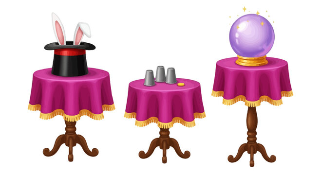 Whimsical magic tables, fantasy decor elements, vector illustrations, pink and gold, 3 stands