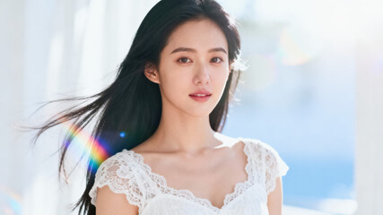Fototapeta premium A soft bright portrait of a young asian woman in white lace dress, with flowing black hair and gentle expression, with subtle rainbow light flare.
