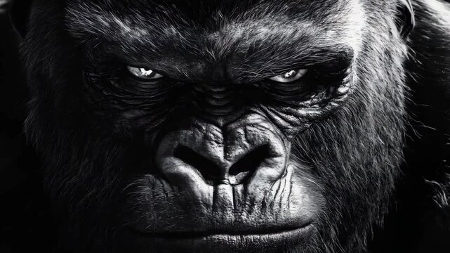 A close up of a gorilla highlighting its strong features and intense expression in rich detail and different tones