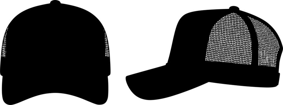 Black Trucker Cap Mockup Vector Template - Front and Side Views with Mesh Back - Blank Baseball Hat Illustration