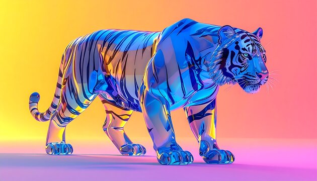 A striking, translucent blue tiger statue, illuminated by vibrant neon pink and yellow lighting, showcasing its majestic form and detailed stripes