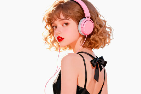 A studio portrait of a young woman with short curly brown hair, wearing pink wired headphones and a black backless slip dress with a bow at the back, against a plain white background.