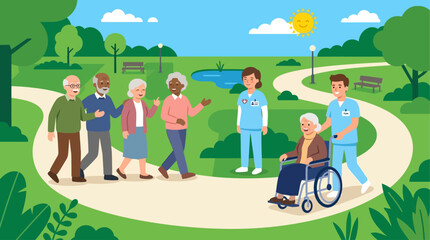 Fototapeta premium A charming flat design illustration featuring an elderly group, enjoying a leisurely stroll and conversation in a park with healthkeeper watching carefully.