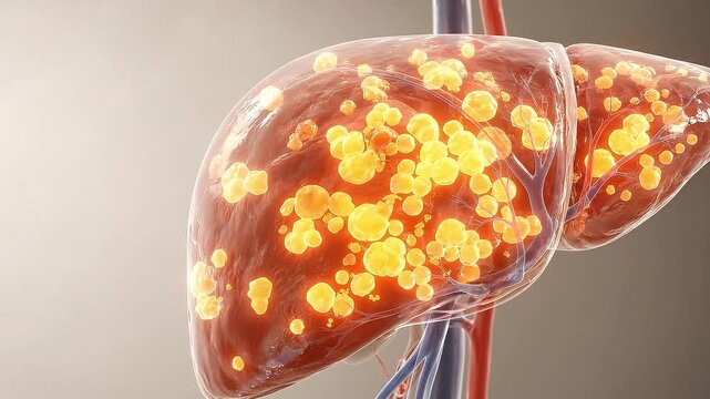 Fatty liver disease medical illustration anatomy showing liver with yellow fat deposits steatosis and vascular structures conveying lipid accumulation organ depiction clinical educational visual
