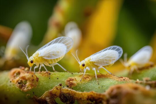 Whiteflies on yellowing plant leaves showing visible infestation damage used for crop health monitoring pest identification agricultural diagnostics and integrated pest management education.