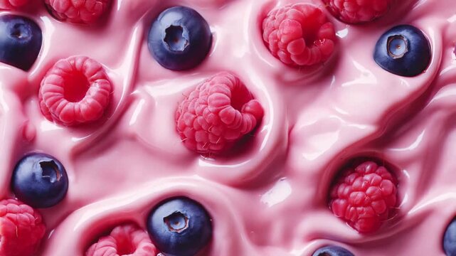 Raspberries and blueberries are resting on the background of a smooth pink yogurt surface. Dairy desserts