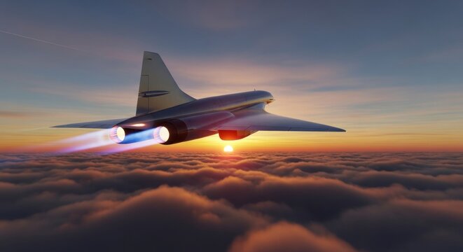 Supersonic Airliner with Blazing Afterburners Soaring Above Clouds into a Golden Sunset.