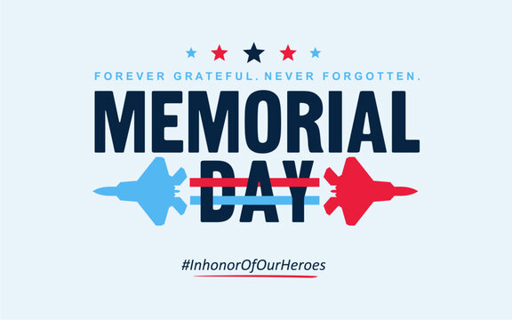 Memorial Day 2026 Patriotic Banner with Jet Silhouette and Tribute Message for Fallen Heroes. 